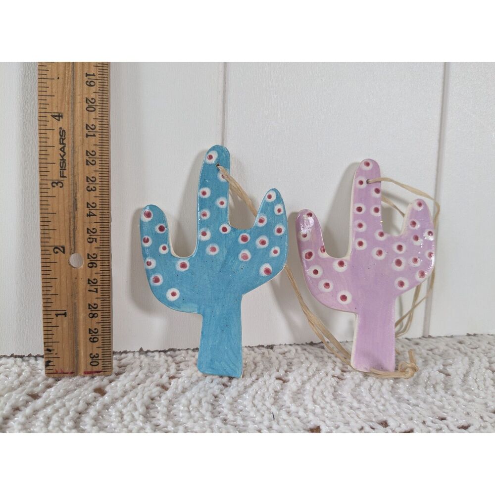 2 Ceramic Cactus Ornaments - Hand painted blue and pink - 3.5"
